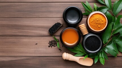 Fototapeta premium Bowls filled with vibrant spices and oil are arranged on a rustic wooden table, surrounded by fresh green leaves, showcasing a blend of colors and natural ingredients