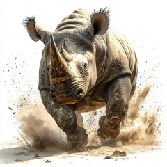 Fototapeta premium Charging rhino creating dust cloud on a white background.