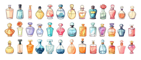 Cartoon perfume bottles. Aroma for woman and man, odor fragrance flavor in glass vials with sprayers, elegant design fashion flasks cosmetic eau de toilette bouquet body spray containers isolated