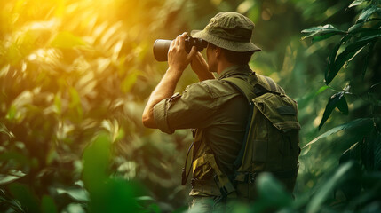 Explorer with binoculars observing exotic wildlife in dense jungle
