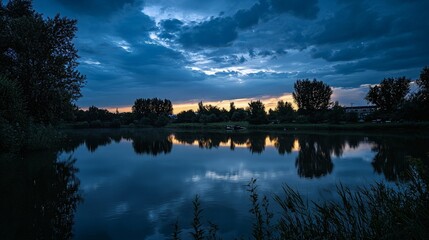 Obraz premium Serene twilight landscape featuring a tranquil lake reflecting a dramatic sunset sky, silhouetted trees, and calm water.