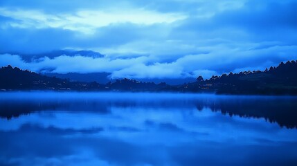 Serene twilight landscape misty lake reflecting blue sky and silhouettes of hills.