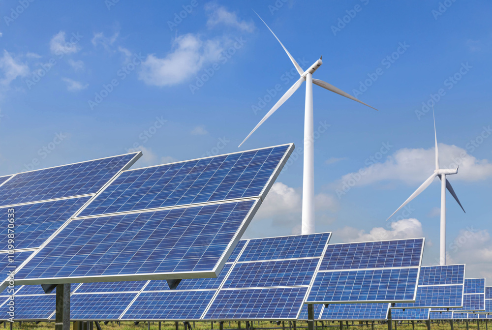 Wall mural rows array of solar panels and wind turbines generating electricity in hybrid power plant systems st