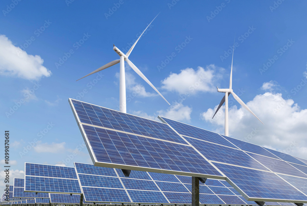 Wall mural rows array of solar panels and wind turbines generating electricity in hybrid power plant systems st
