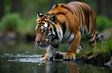 Fototapeta premium Close up Siberian or Amur tiger drinking water from lake. Blurred background, selective focus.