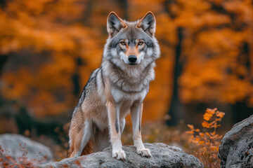 Fototapeta premium wolf standing on a rock in an autumn forest. 