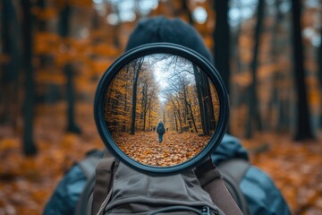 Photographer capturing stunning autumn forest through camera lens