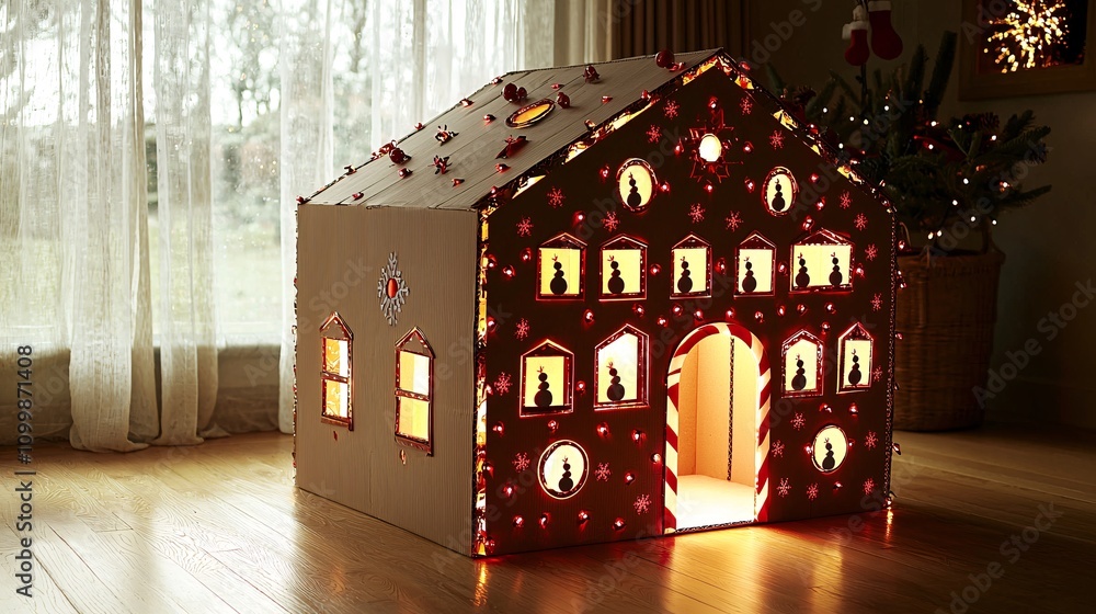 Poster a cardboard holiday house illuminated from within and decorated with tiny paper snowmen stock photo 