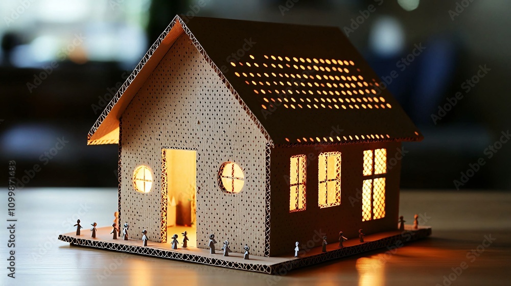 Poster a cardboard holiday house illuminated from within and decorated with tiny paper snowmen stock photo 