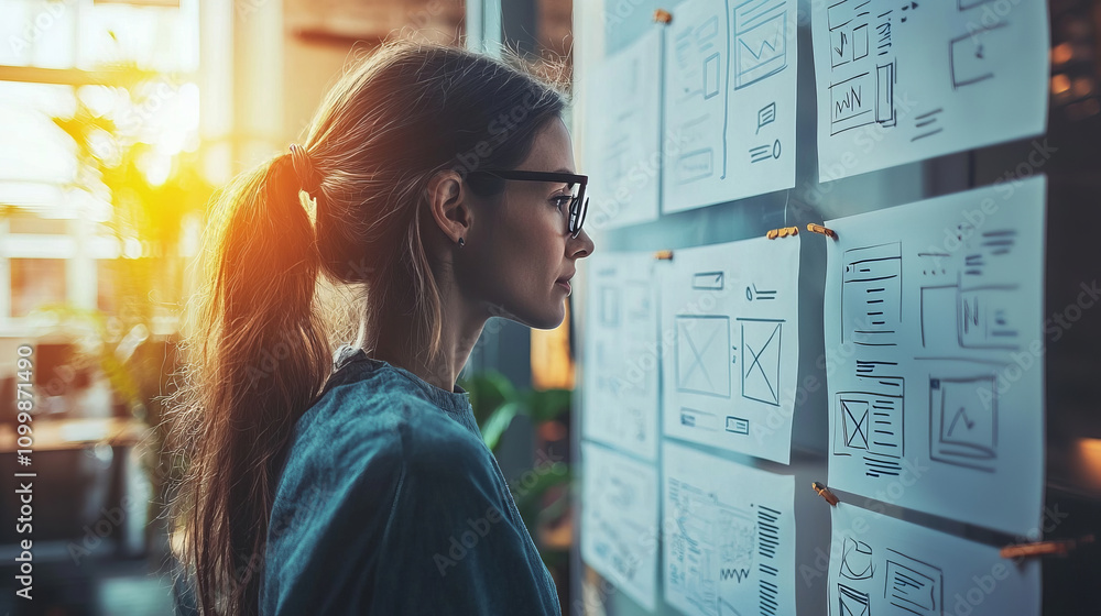 Poster focused ui/ux designer reviewing wireframes in creative workspace