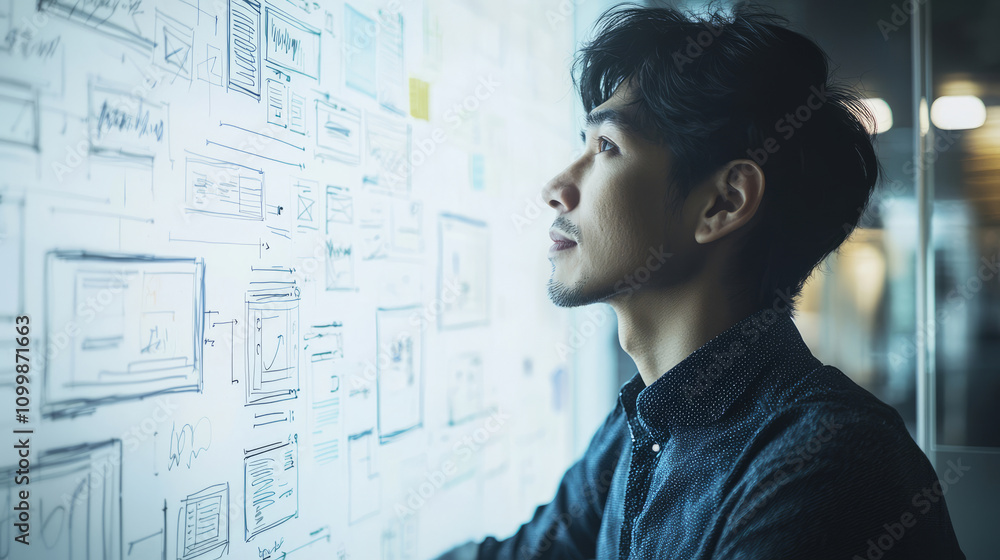 Poster focused ui ux designer analyzing sketches on whiteboard