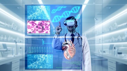 Doctor checking at heart hologram and DNA hologram and standing at laboratory while pointing at...