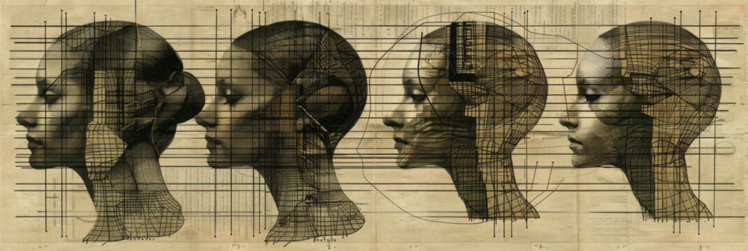 Futuristic anatomy: evolution of human head in geometric art. International woman day concept