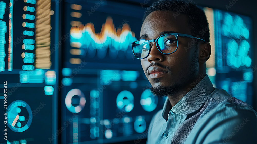 Poster confident analyst working with digital data on large screen displays