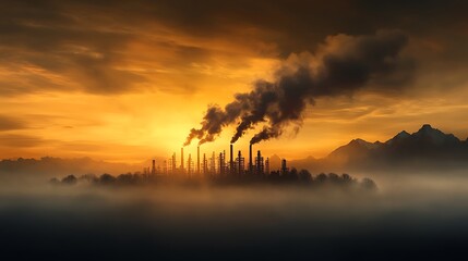 Fototapeta premium Air pollution over a factory district, with exhaust fumes rising into the sky, affecting the air quality and the surrounding environment, Ultra-Realistic, Photo Realistic, highly detailed, 