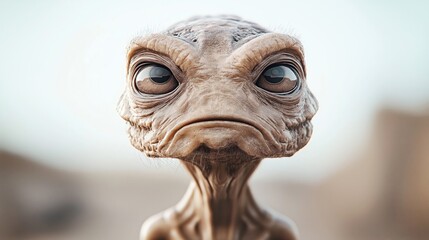 Obraz premium Close-up render of a fictional extraterrestrial creature with large eyes and wrinkled skin, facing the viewer against an out-of-focus background.
