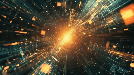 Obraz premium Abstract digital tunnel with glowing orange and teal lines. Futuristic tech background.