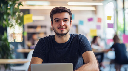 Confident young designer working on laptop in creative office