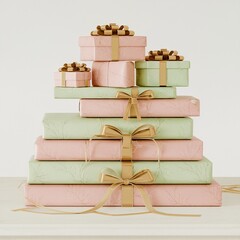 Obraz premium Elegant tower of pastel pink and soft green gifts tied with glittering gold ribbons, perfect for luxury celebrations and holidays.