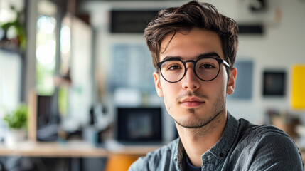 Fototapeta premium Contemplative young designer in modern office setting