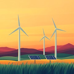 Fototapeta premium Sunset landscape with wind turbines and solar panels.
