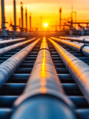 Obraz premium Industrial pipelines at sunset, energy infrastructure.