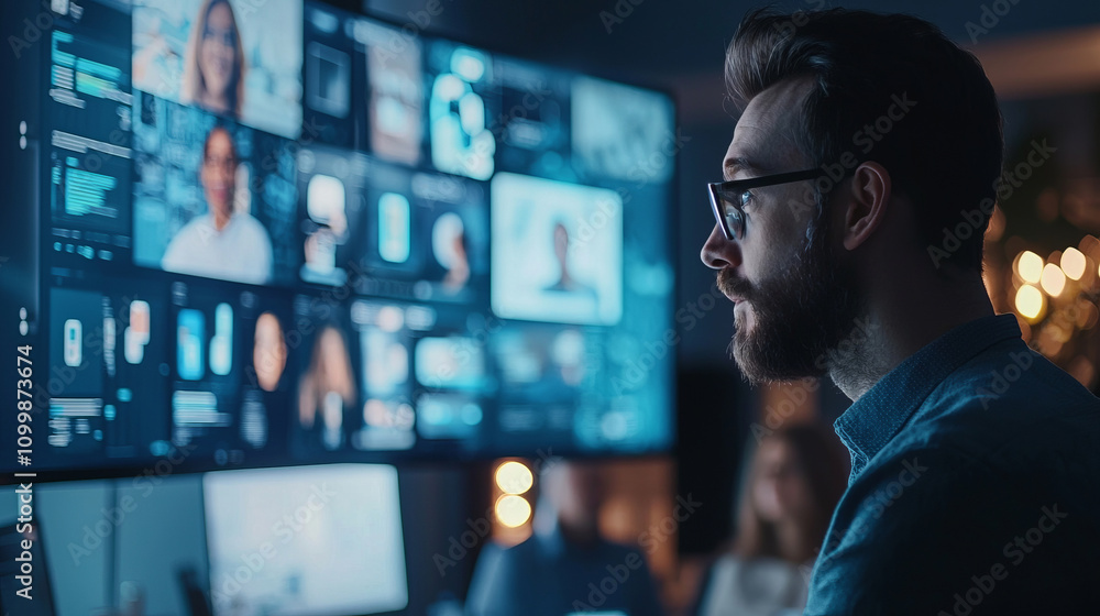 Poster focused professional analyzing data on multiple screens at night