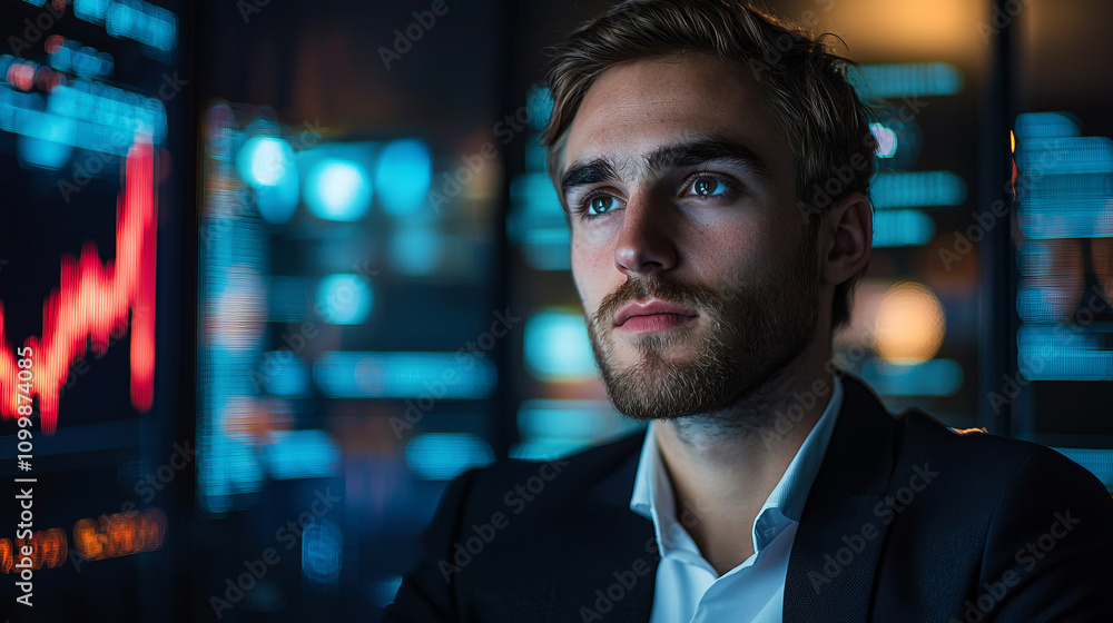 Poster pensive businessman focused on blockchain analytics in futuristic setting