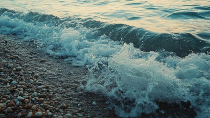 Ocean waves crashing on a pebbled shore at sunset. The tranquil scene showcases the beauty of nature.