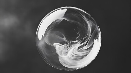 A black and white photograph of an isolated soap bubble with detailed patterns on the surface, floating in mid-air