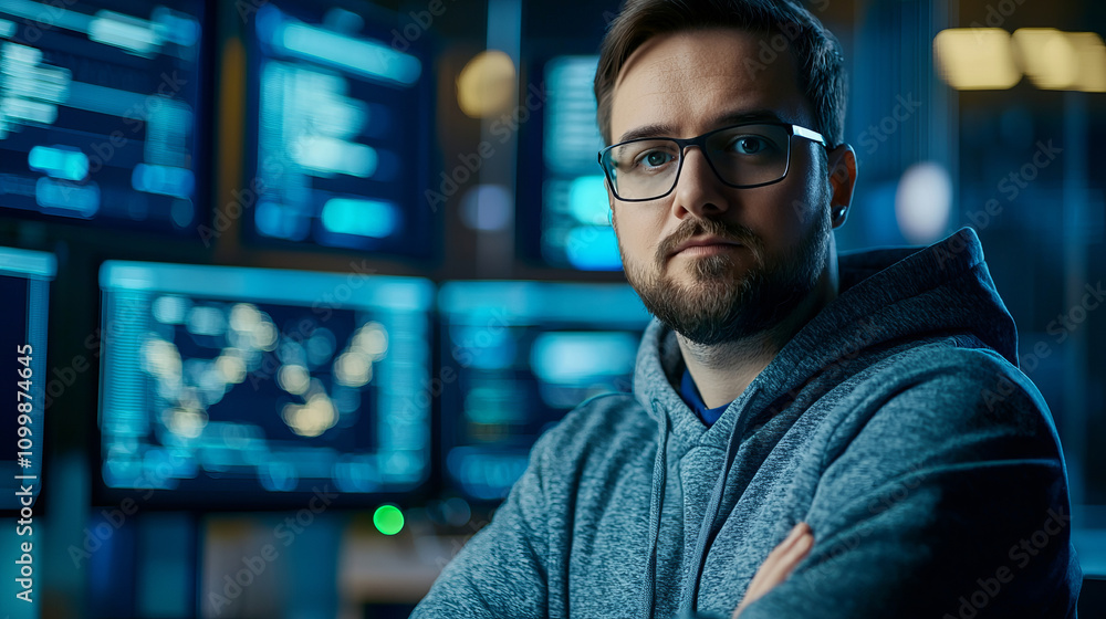 Poster it specialist in a tech environment with cross-armed pose