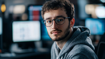 Obraz premium Portrait of a focused IT specialist at his computer workstation