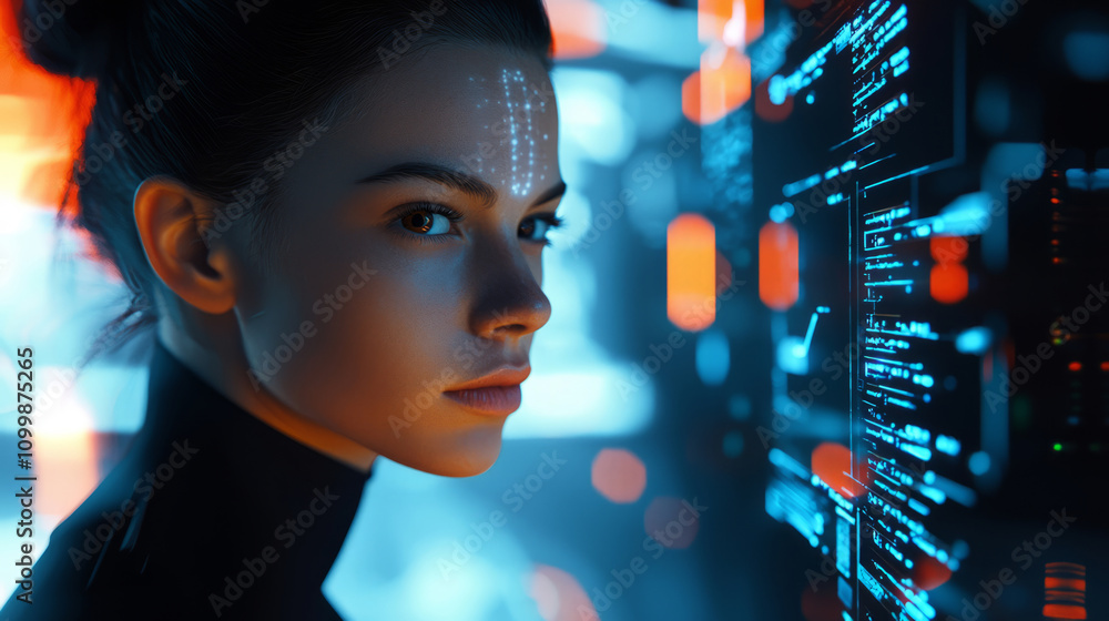 Poster realistic portrait of an ai specialist with futuristic data interface