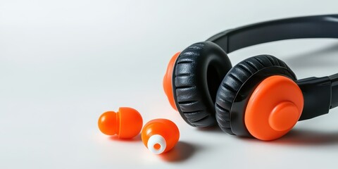 Close-up of safety earplugs and earmuffs on a white background.