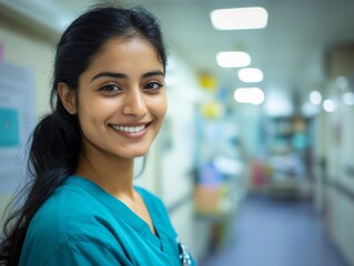 Obraz premium Smiling Nurse in Hospital Hallway