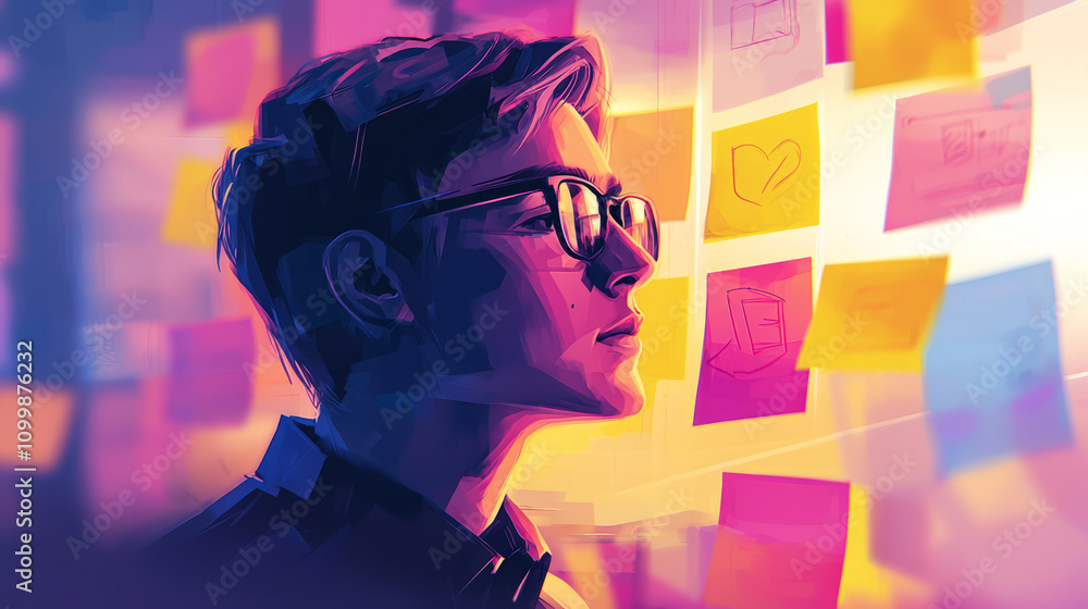 Poster creative ui ux designer in vibrant workspace with sticky notes
