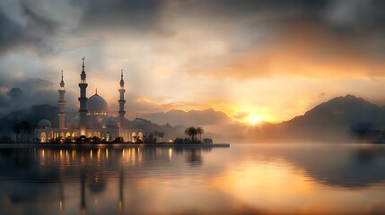 Naklejka premium A peaceful Ramadan scene with a beautiful mosque at sunset, with the call to prayer echoing in the background, a family preparing for Iftar with dates, water, and traditional dishes, symbolizing 