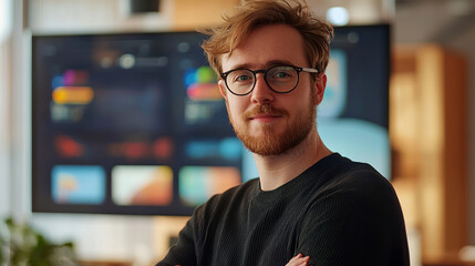 Vibrant portrait of a confident UI/UX designer in the office setting