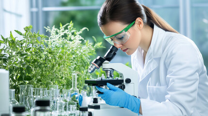 Scientist in modern lab examining herbal samples under microscope.