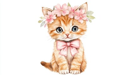 Cute kitten art, floral crown, pink bow, adorable cat, watercolor kitty, sweet pet drawing, girly nursery decor