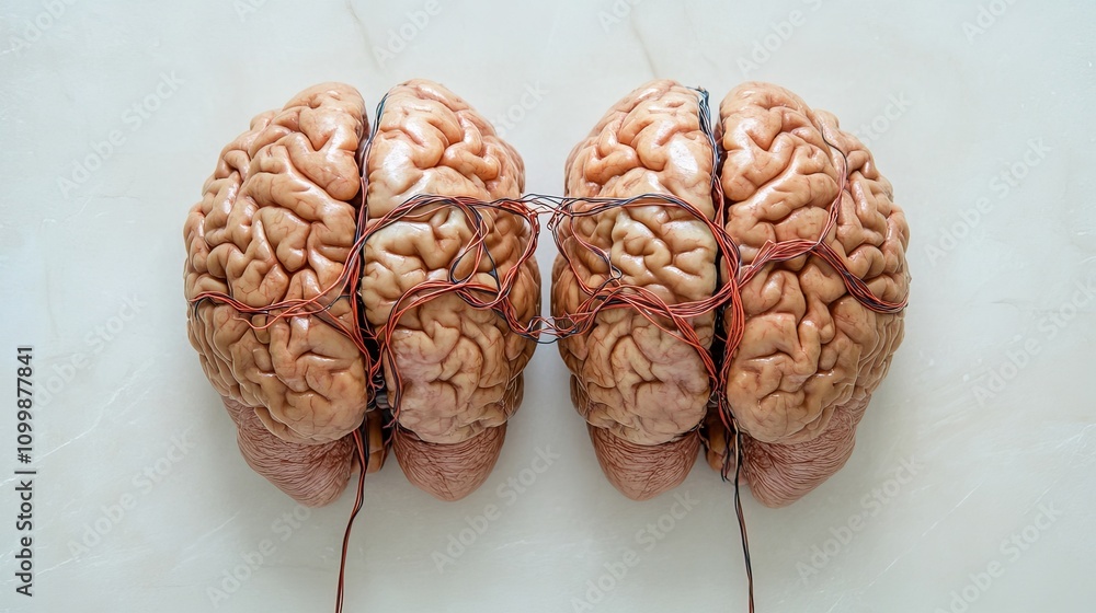 Poster an artistic representation showing two human brains connected by wires, symbolizing communication an