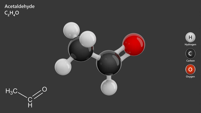 Molecule: Acetaldehyde or Ethanal. Molecular structure. Formula: C2H4O. Chemical model: Ball and stick. Gray background. 3D illustration.