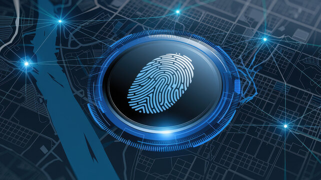 Fingerprint icon on digital map background representing security and technology advancements.