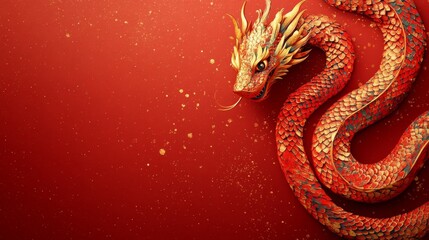 Fototapeta premium red background, golden paper cut snake illustration at the side, glittery effect to spice up