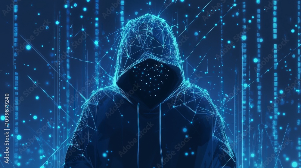 Poster a man in a hooded jacket stands in front of a computer screen
