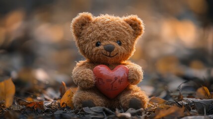 A charming teddy bear clutches a vibrant heart adorned with a heartfelt sign, exuding warmth and affection, perfect for conveying love and tenderness