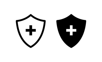 Fototapeta premium Shield with plus icon set in black vector isolated on white background. Protection, security, approve sign, safeguard concept. Logo, symbol, label, icon vector