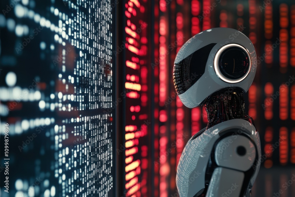 Poster sophisticated robot observing digital data in a futuristic environment at night