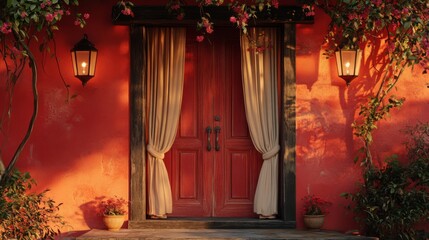 Red door with curtain, lanterns in background, creating warm, inviting entrance to traditional setting