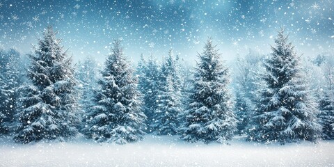 Obraz premium Fresh snow on a forest floor, with individual snowflakes lightly dusting the branches of evergreen trees.